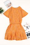 Orange Flutter Sleeve Wrap V Neck Floral Lace Short Dress