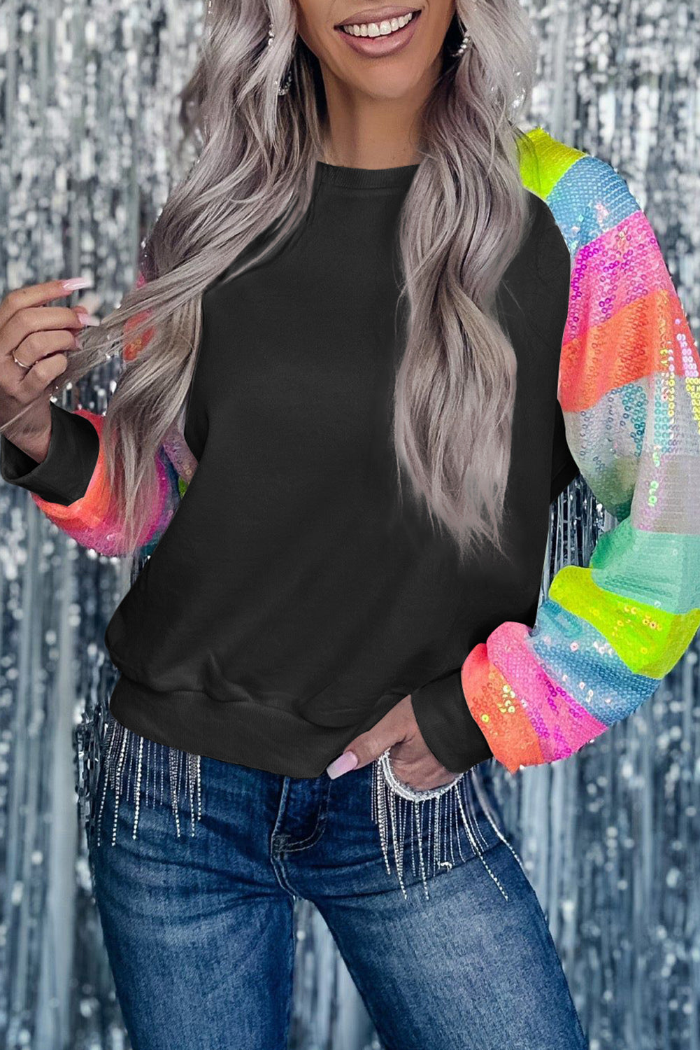 Sequin Color Block Raglan Sleeve Pullover Sweatshirt