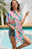 Plant Print Button-up Half Sleeve Beach Cover Up