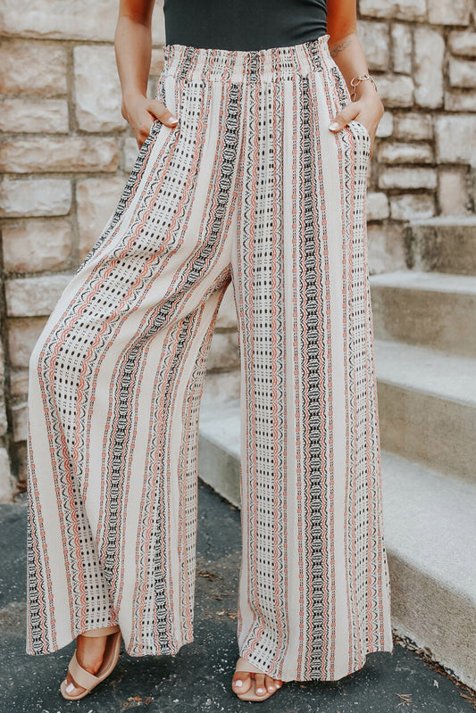 Geometric Pattern Shirred Wide Leg Plus Size Pants