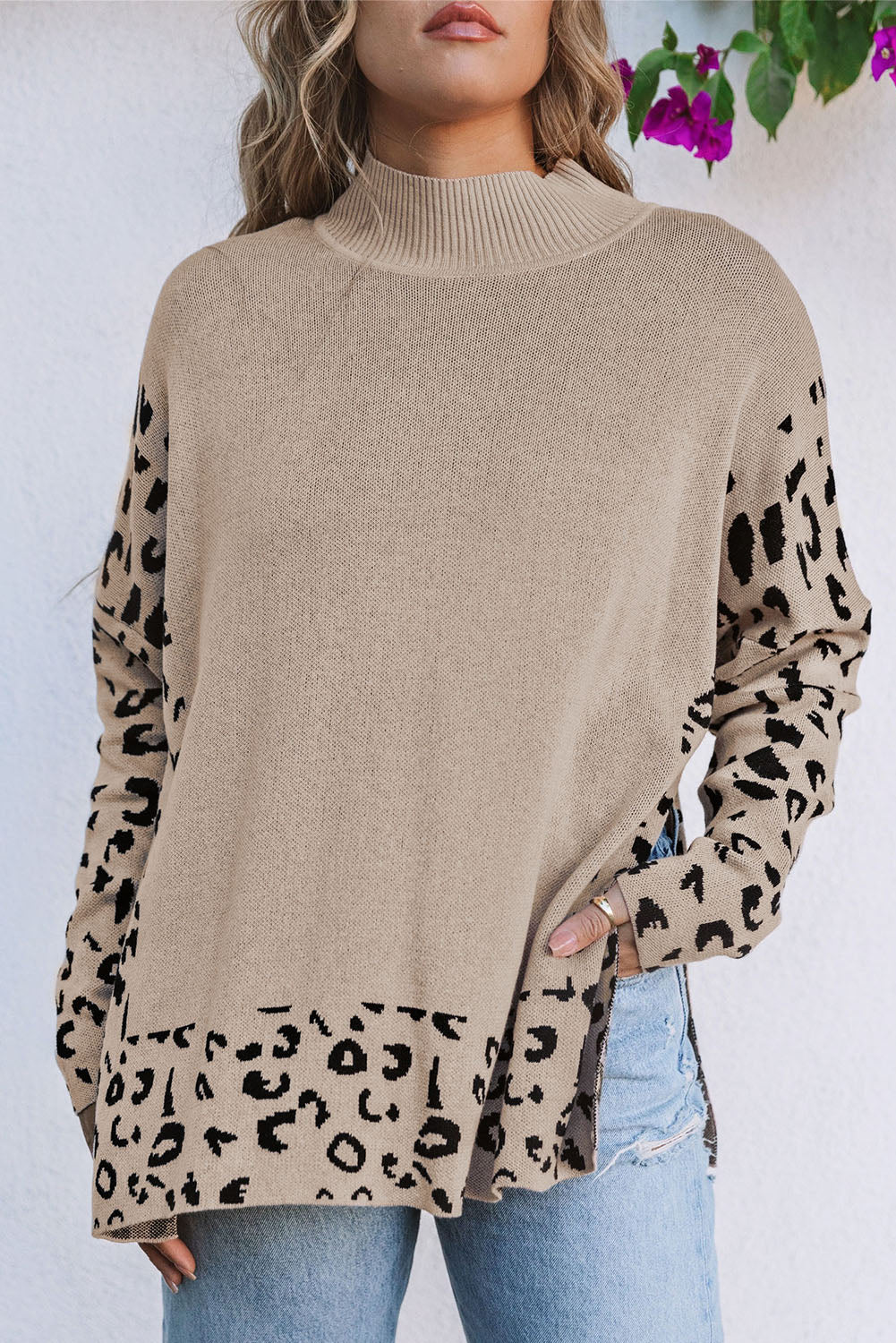 Leopard High Neck Side Slit Oversized Sweater