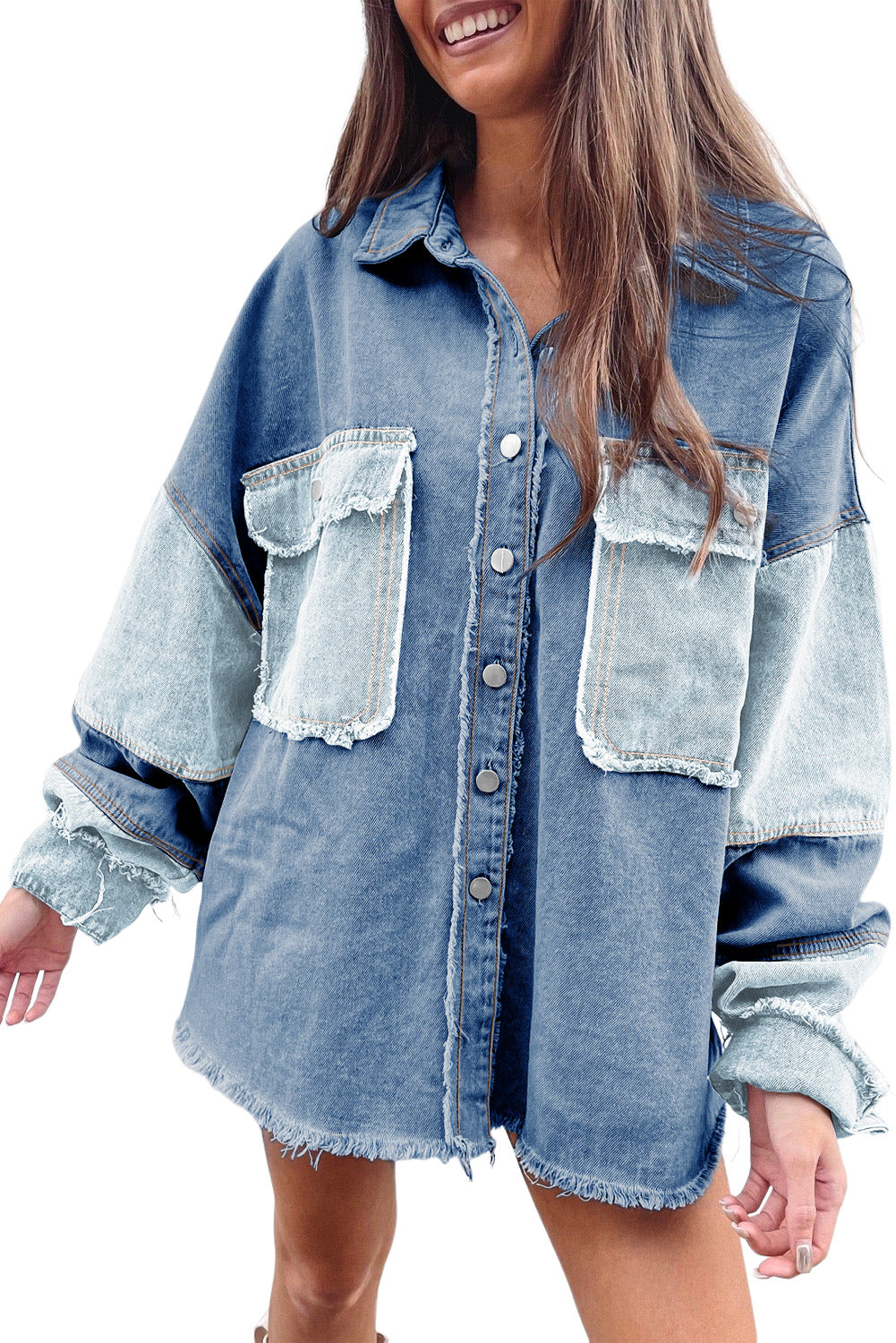 Color Block Frayed Patchwork Oversize Denim Jacket