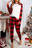 Red Plaid Raglan Sleeves Top and Drawstring Pants Lounge Set