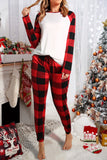 Fiery Red Plaid Raglan Sleeves Top and Drawstring Pants Lounge Set