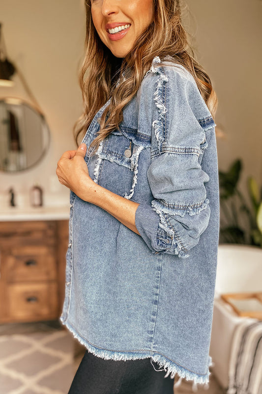 Acid Wash Buttoned Raw Hem Distressed Denim Jacket