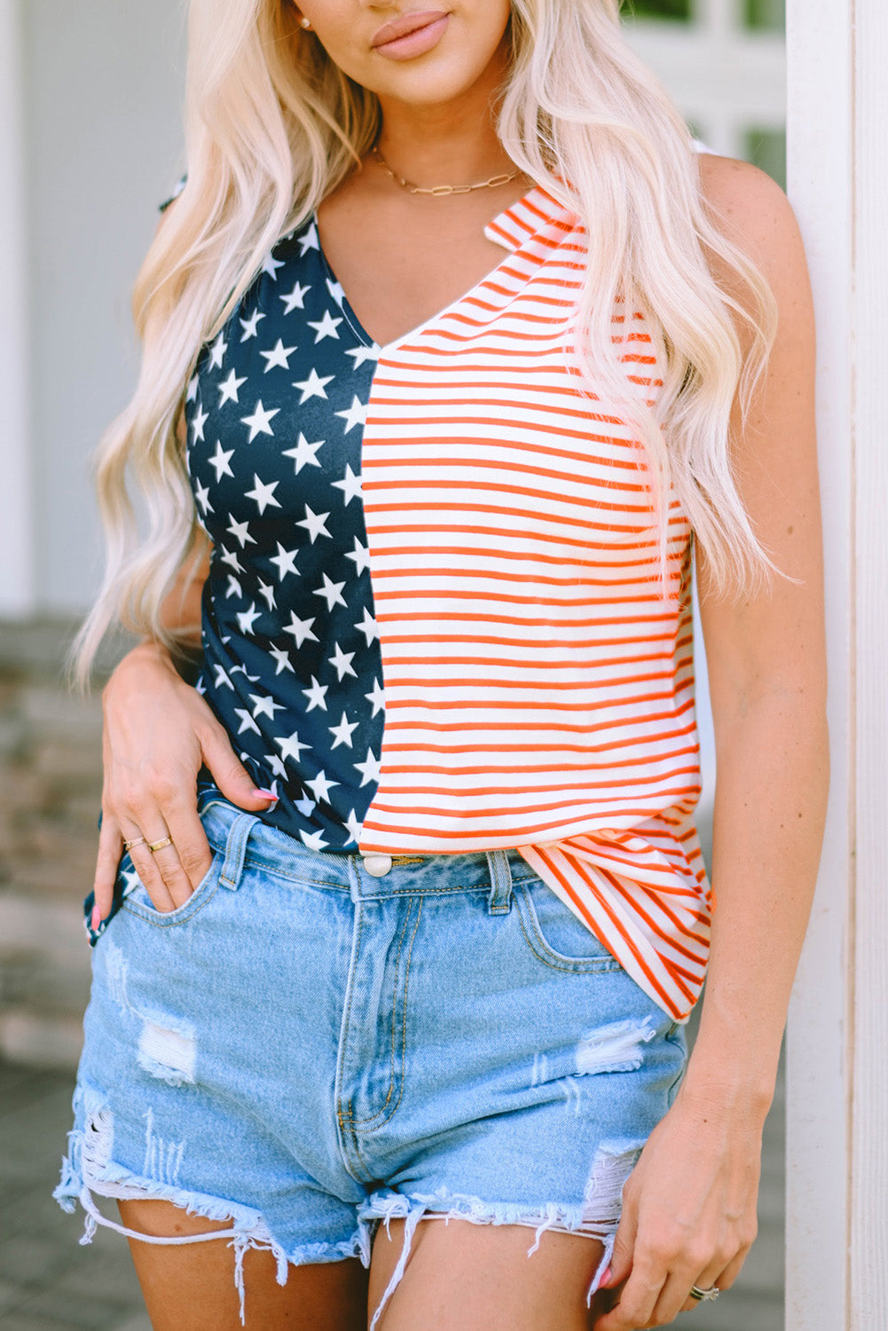 American Flag Color Block Knotted Straps Tank Top