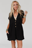 Black V Neck Buttons Loose Cuffed Short Sleeve Romper