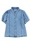 Short Bubble Sleeve Snap Button Denim Shirt