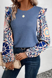 Coffee Ruffled Floral Sleeve Patchwork Waffle Knit O Neck Blouse