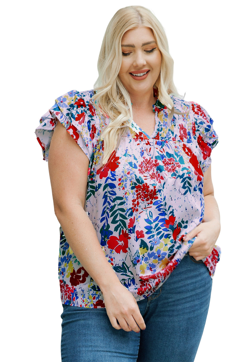 Plus Floral Print Ruffle Cap Sleeve V Neck Blouse