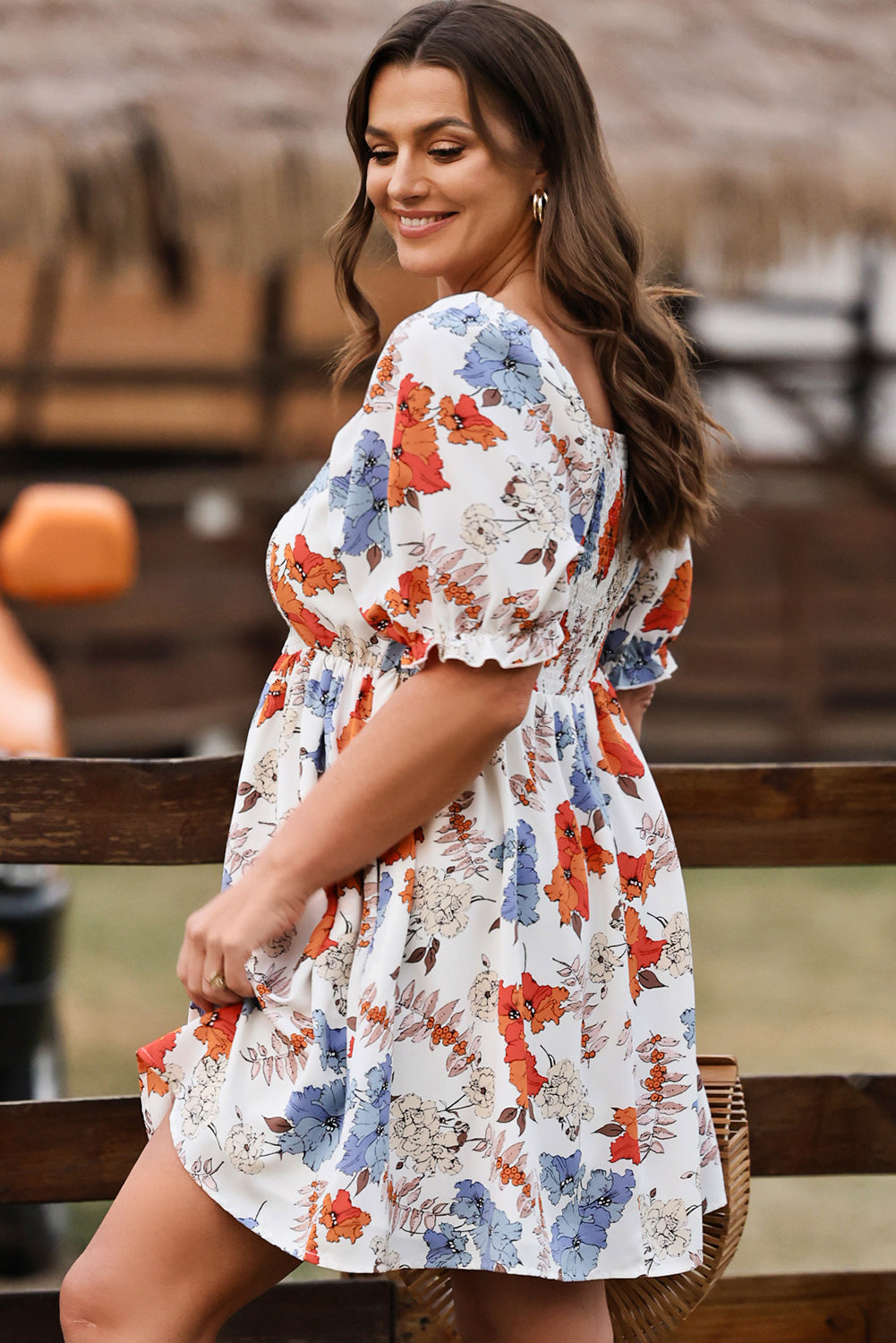 Floral Smocked Flared Plus Size Dress