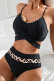 Black Leopard Splicing Criss Cross Tie Spaghetti Straps High Waisted Bikini