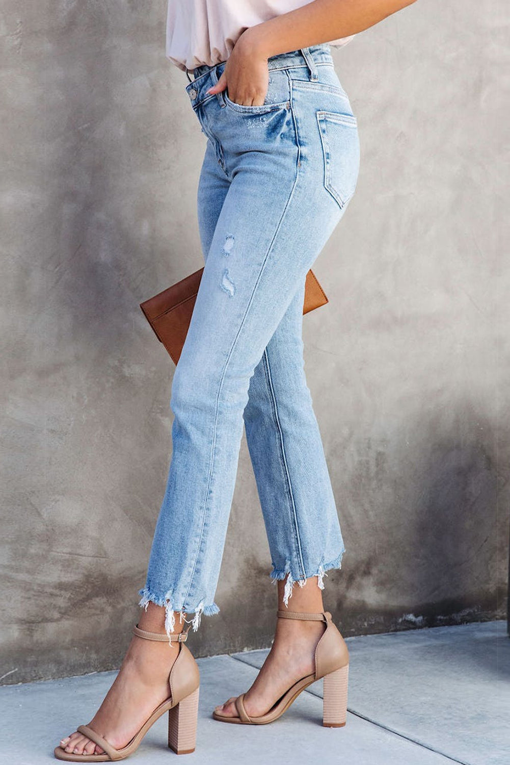 Cross Over Waist Raw Edge Cropped Jeans