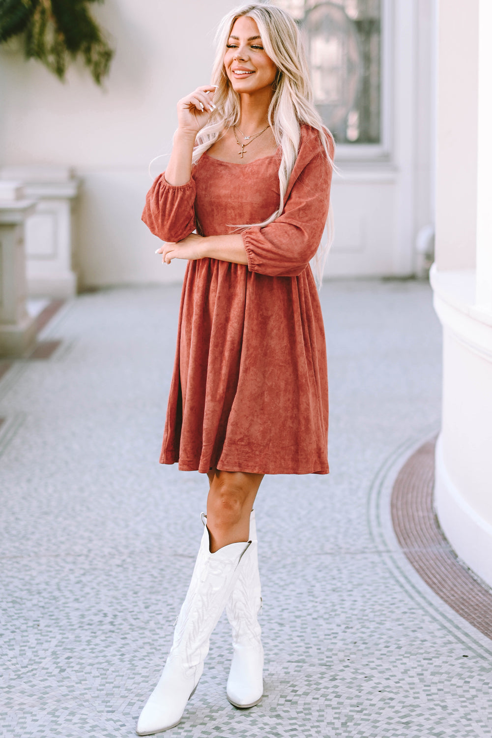 Black Suede Square Neck Puff Sleeve Dress