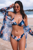 Floral Triangular Bikini Set with Swimsuit Cover up