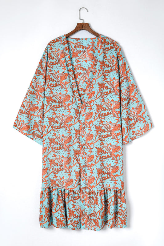 Kimono surdimensionné à manches longues et imprimé floral rétro style bohème bleu ciel