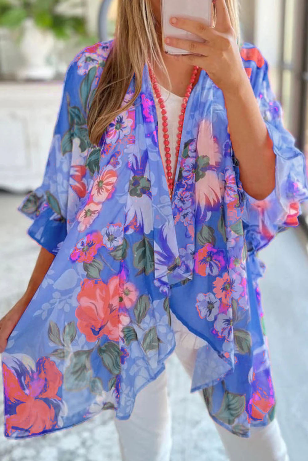 Floral Print Ruffled 3/4 Sleeve Loose Fit Kimono