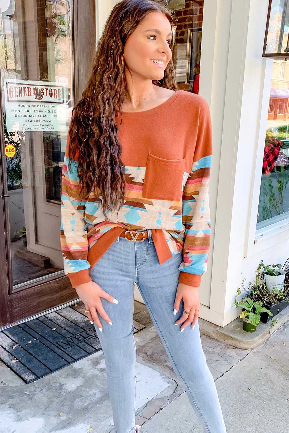 Western Aztec Patchwork Long Sleeve Top