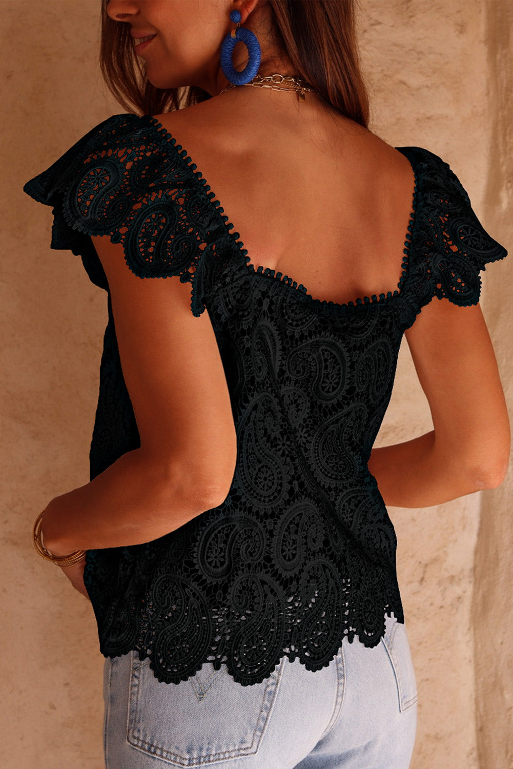 Lace Crochet Ruffled Square Neck Tank Top