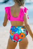 V Neck Ruffles Floral Print High Waist Bikini