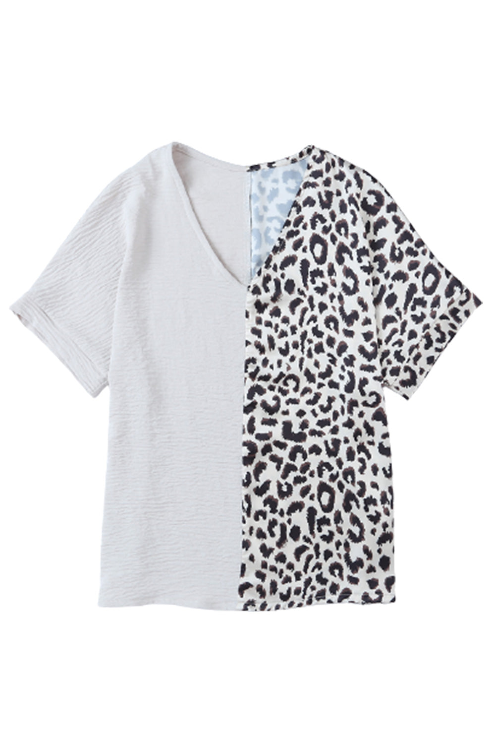 Leopard Color Block Roll Tab Sleeve V Neck Top