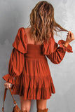 Boho Solid Shirred Ruffle Mini Dress