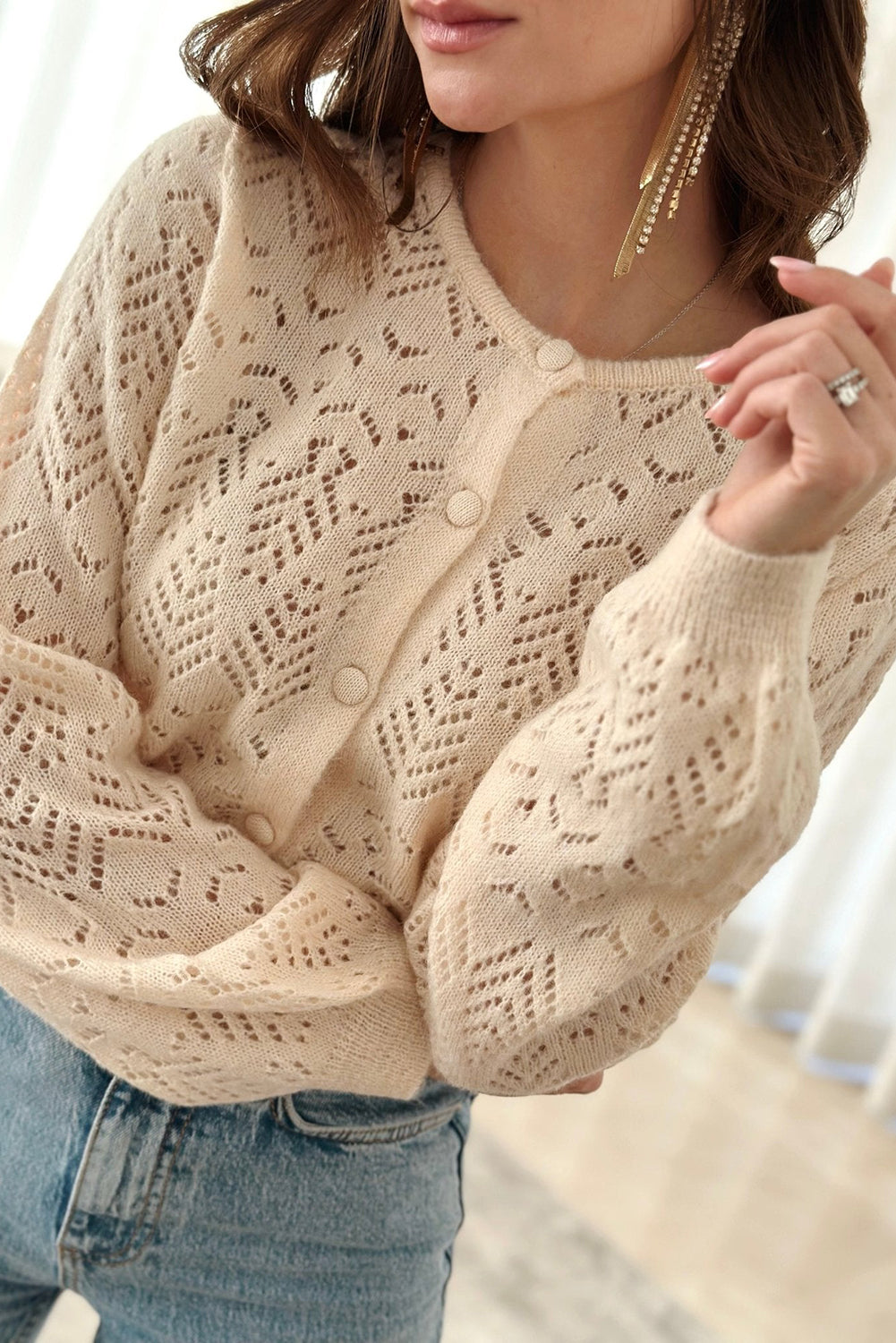 Hollowed Pattern Knit Round Neck Buttoned Cardigan