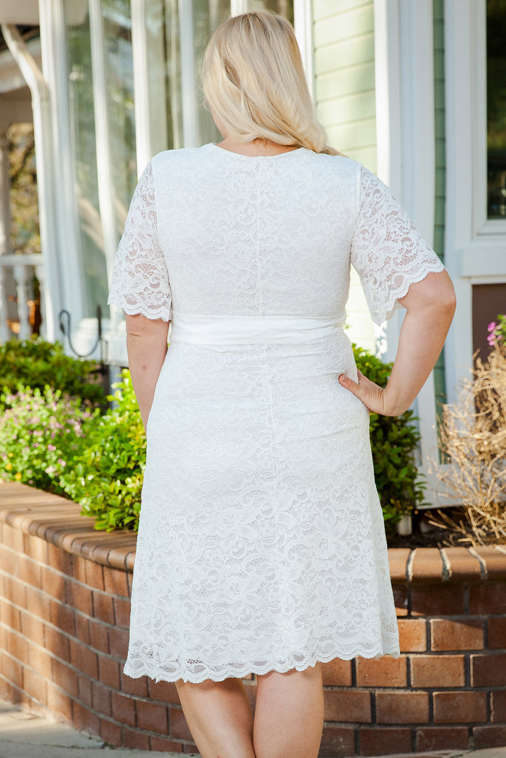 Scalloped Lace Wrap V Neck Plus Size Dress