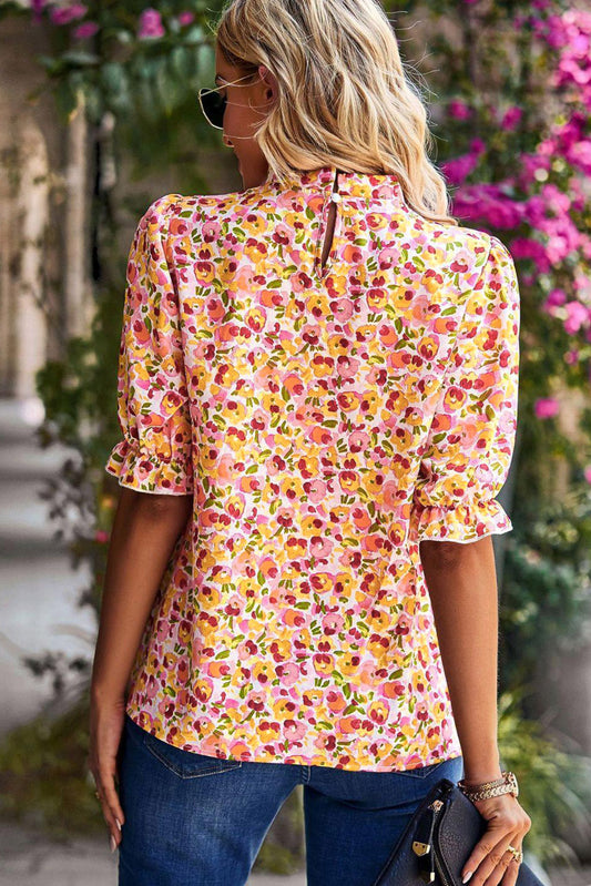 Boho Floral Ruffle Short Sleeve Frill Mock Neck Blouse