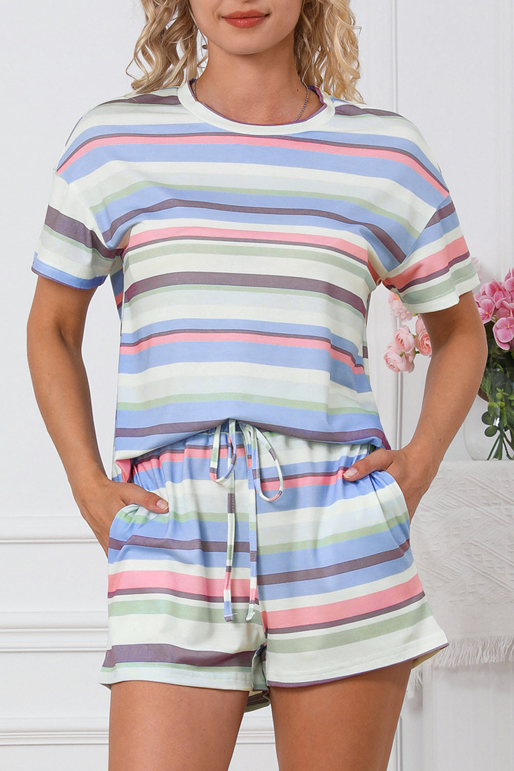 Striped Print Tee and Shorts Lounge Set