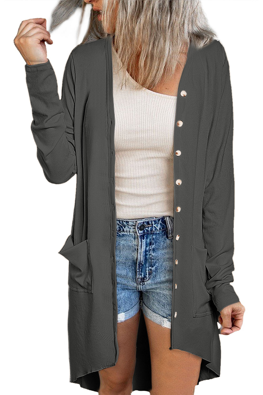 Selected Button Pocketed High Low Cardigan