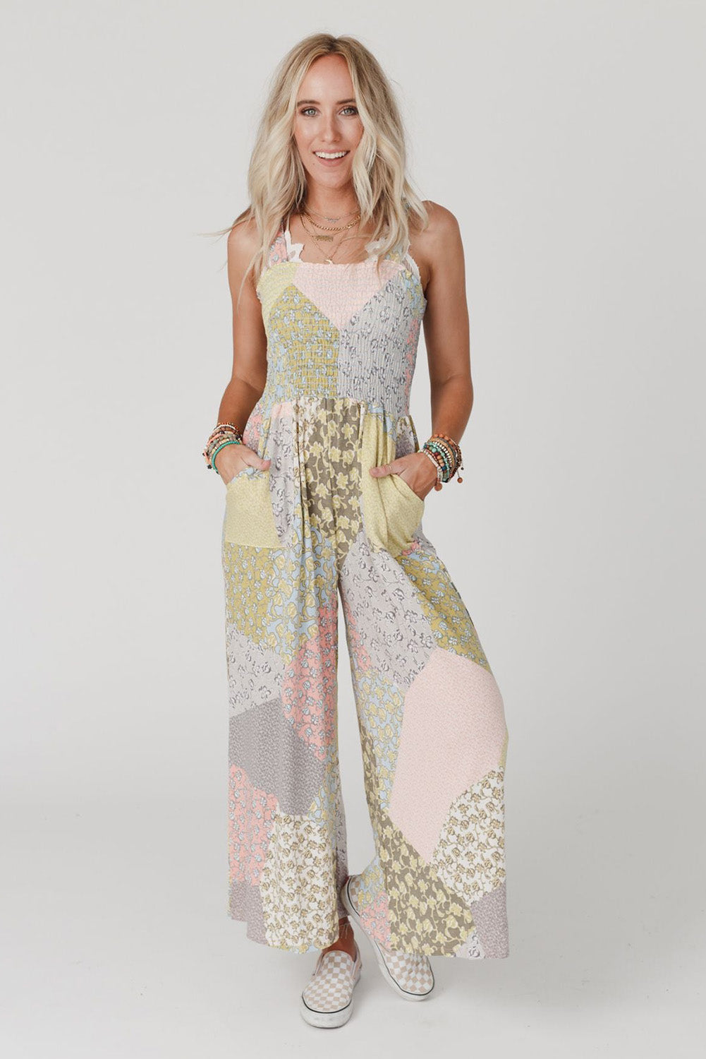 Irregular Patchwork Print Smocked Wide Leg Jumpsuit