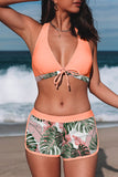 Tropical Leaf Print Tie Bikini and Boardshorts