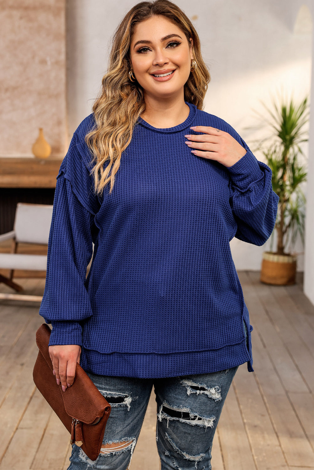 Plus Size Waffle Knit Oversized Exposed Seam Top