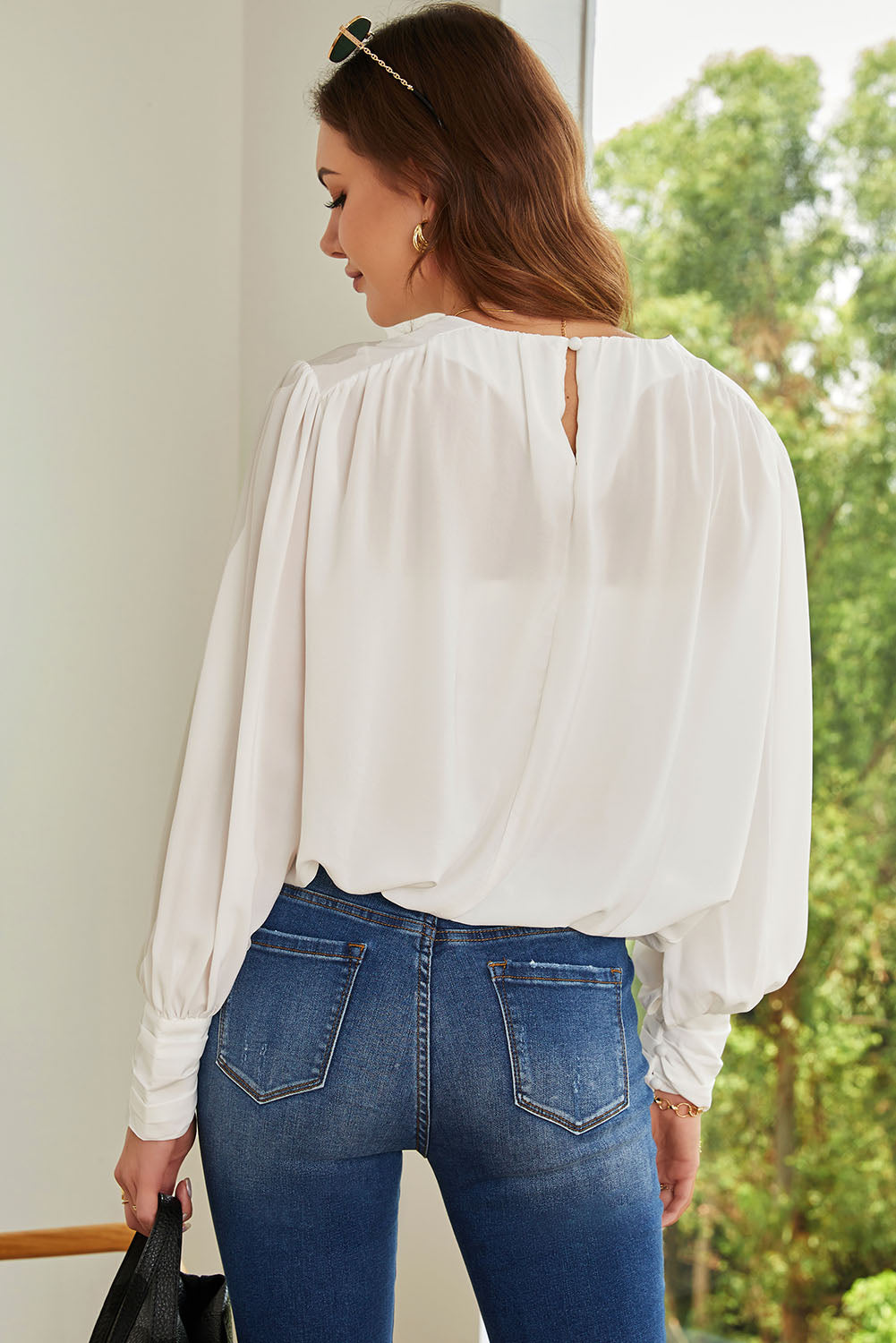 Padded Shoulder Buttoned Cuffs Pleated Loose Blouse