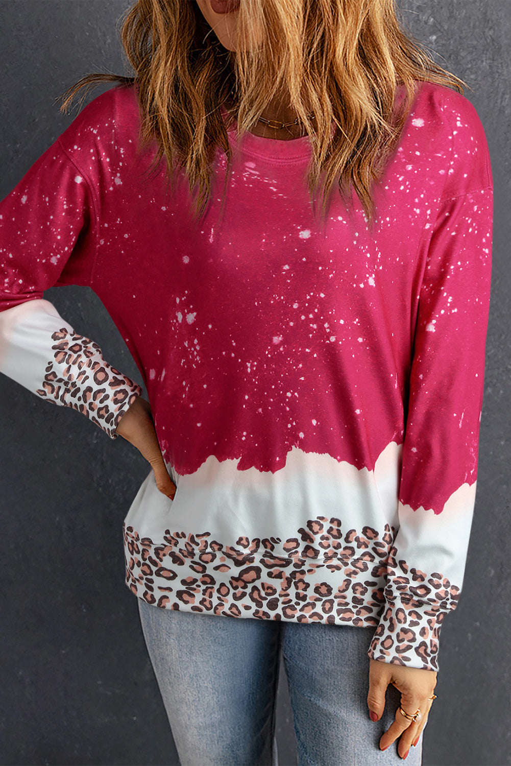 Red Leopard Bleached Pullover Sweatshirt