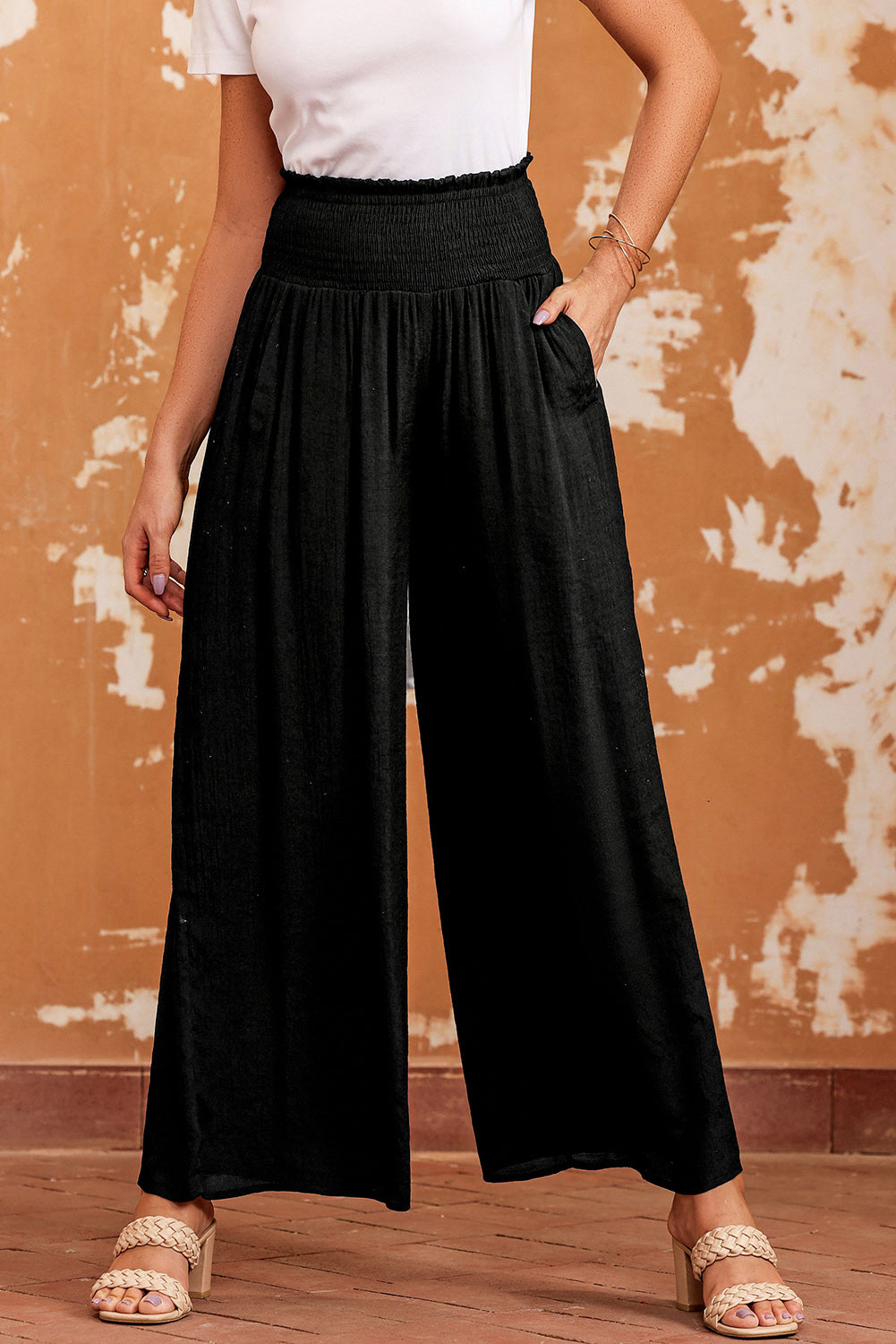 Frill Smocked High Waist Flowy Wide Leg Pants