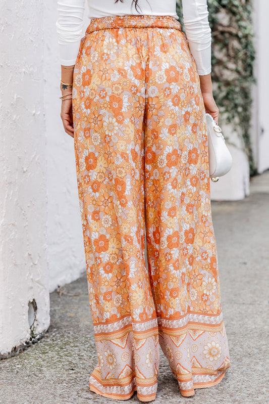 Pamplemousse Orange Cravate Taille Boho Floral Pantalon Large Jambe