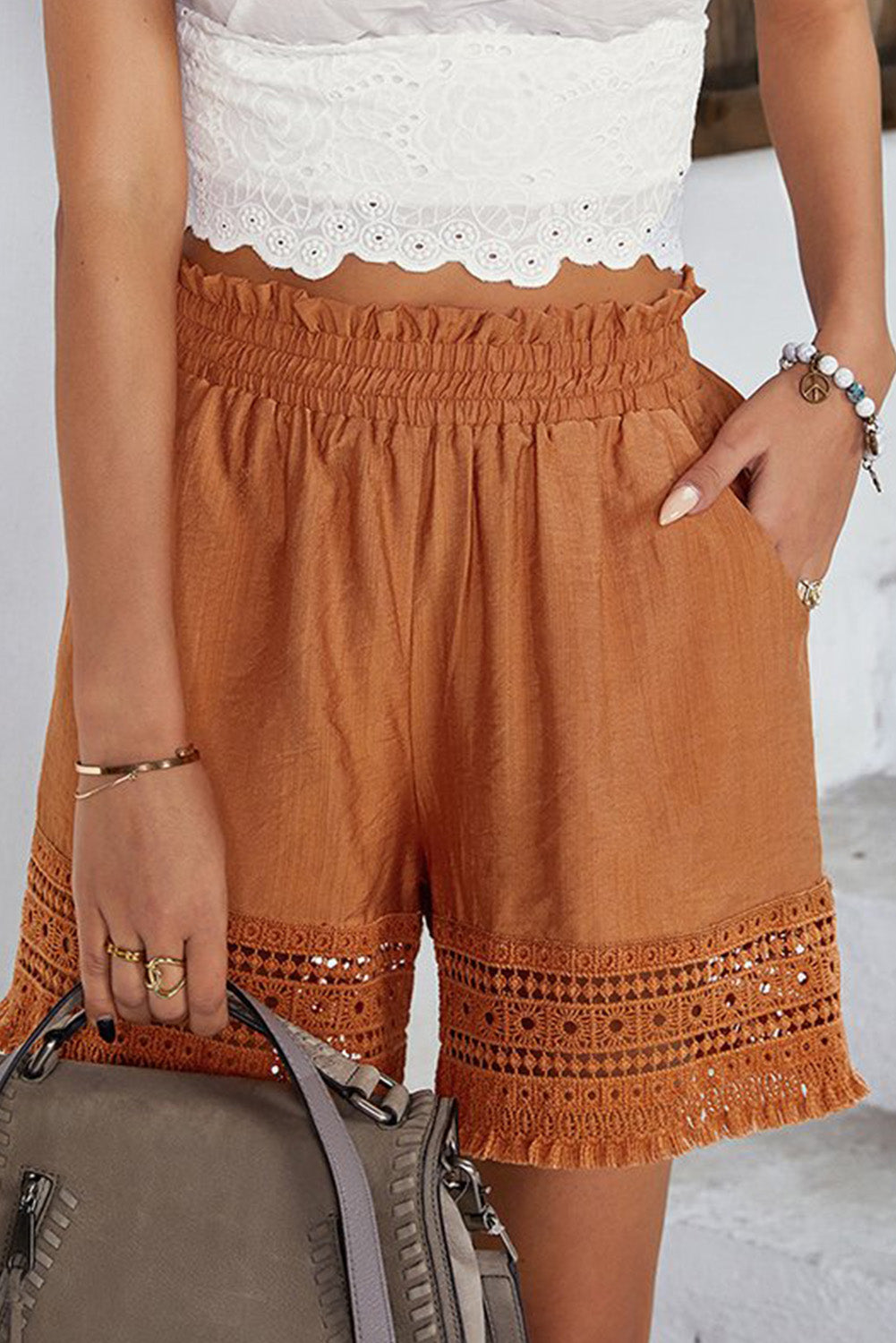 Smocked Waist Crochet Hem Casual Loose Shorts