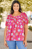 Pink Plus Size Square Neck Floral Blouse