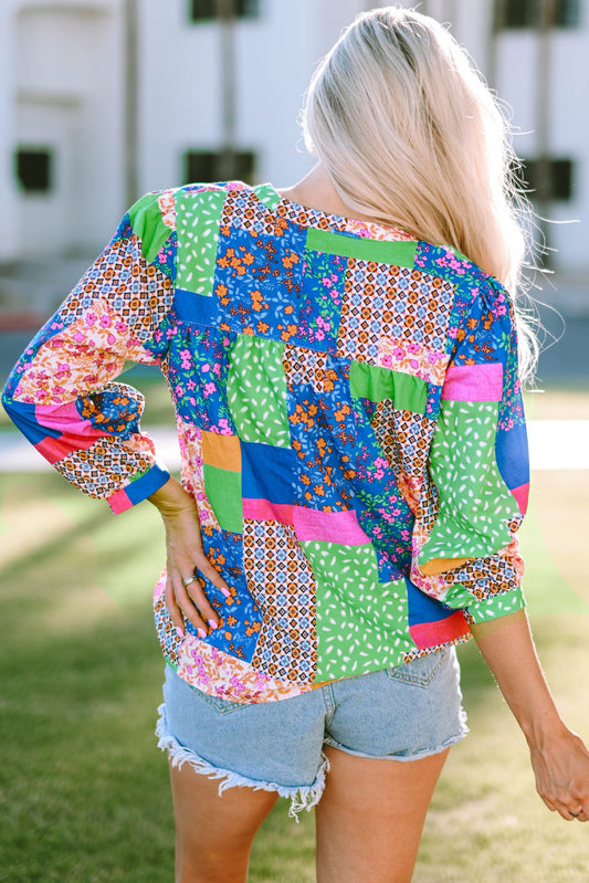 Floral Patchwork Print Buttoned Puff Sleeve Shirt