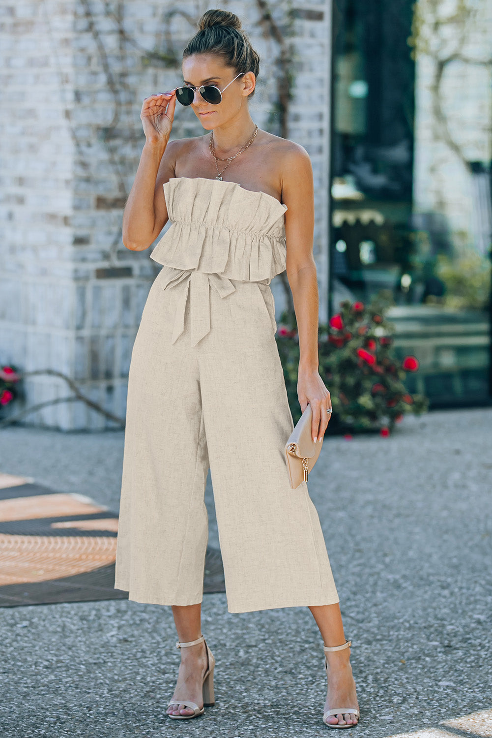 Ruffled Strapless Wide Leg Jumpsuit