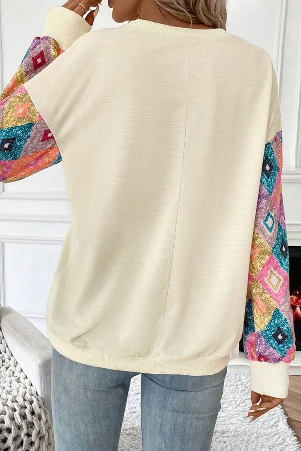 Apricot Geometric Printed Patchwork Long Sleeve Round Neck Top