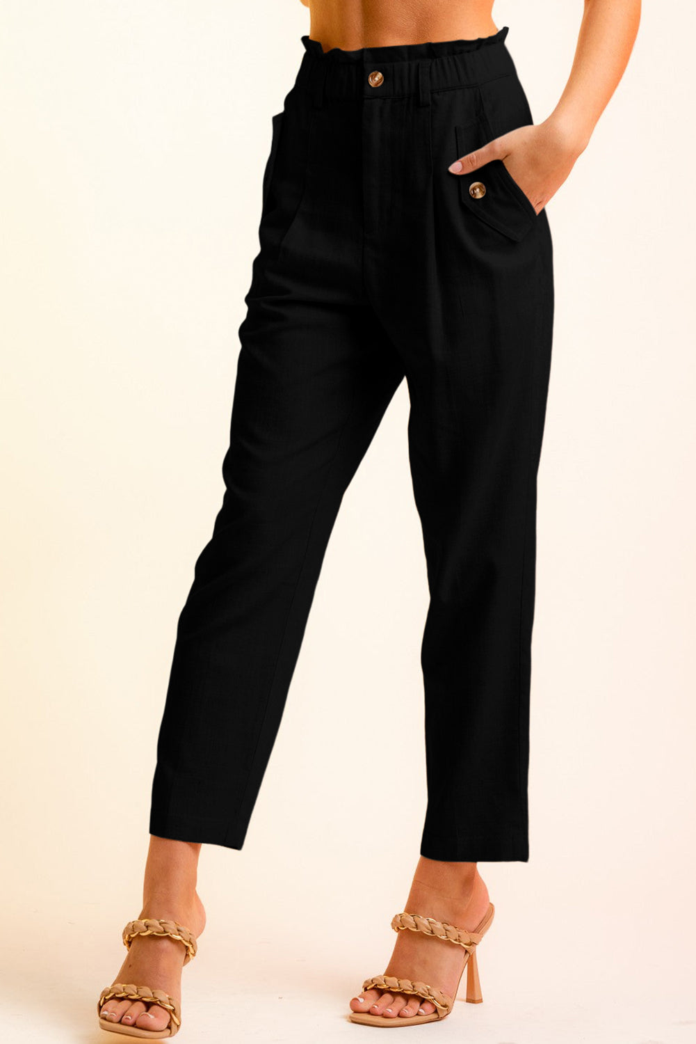 Button Flap Pocket High Waisted Linen Pants