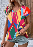 Abstract Print Button V Neck Blouse