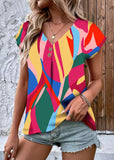 Abstract Print Button V Neck Blouse