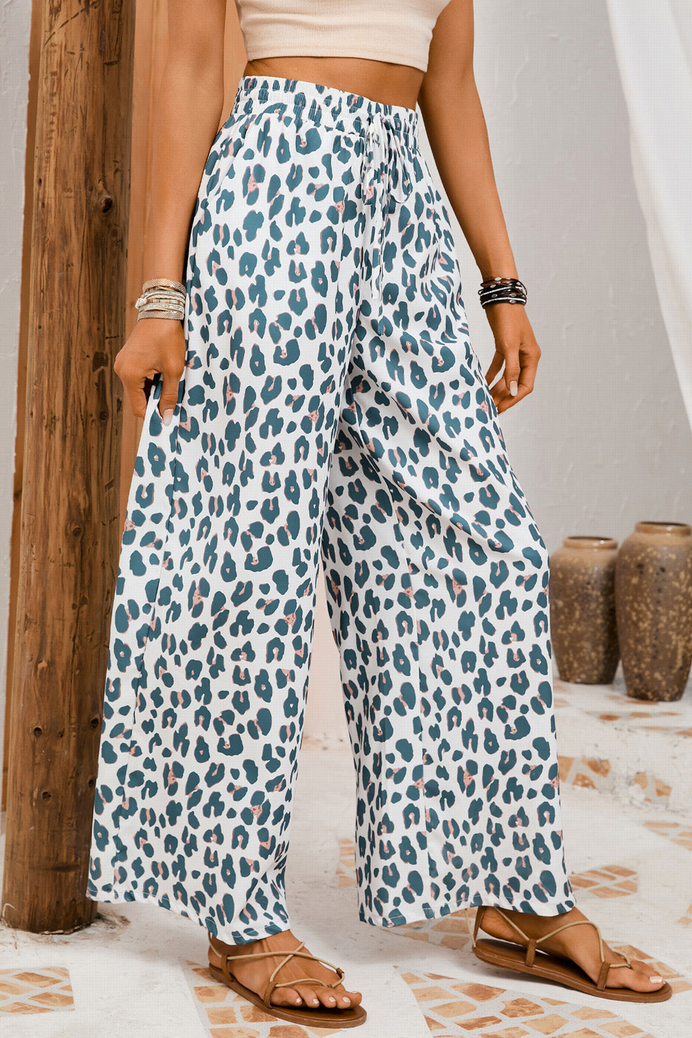 Leopard Print Pocketed Wide Leg Pants