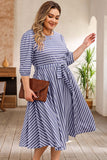 Striped Tie Waist 3/4 Sleeve Plus Size Dress