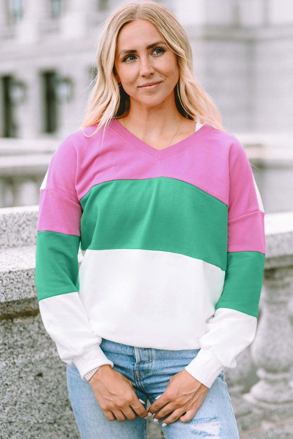 Ribbed V Neck Color Block Patchwork Sweatshirt