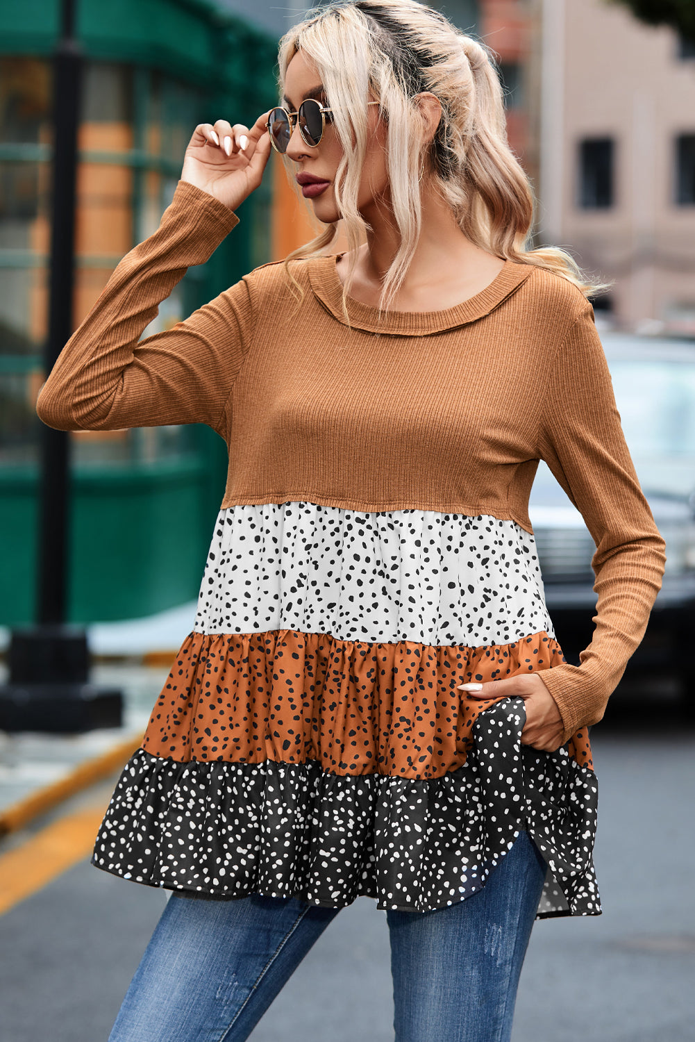 Ribbed Long Sleeve Dotted Tiered Ruffled Flowy Top